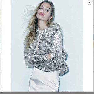 Zara FOIL HOODED KNIT SWEATSHIRT size LARGE